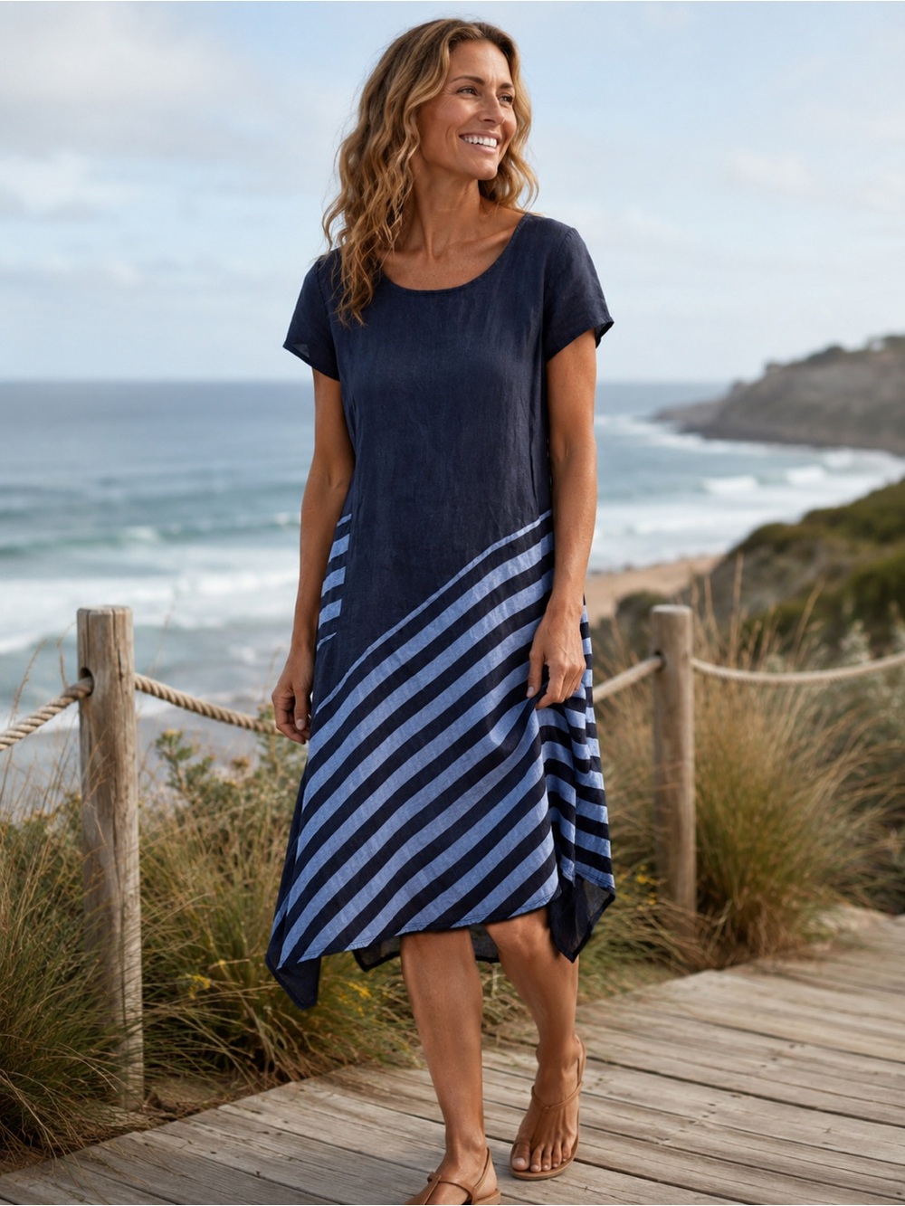 Beyond Capri Italian Linen Asymmetrical Navy Striped Lagenlook Dress One Size